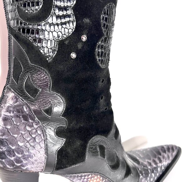 Steve Madden Rare Blk/Grey Cowboy Western High Heel Pointed Toe Leather Boot 8 - Picture 7 of 15